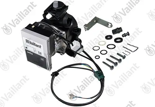 Vaillant Pumpe mit elektrischem Motor und verschiedenen Zubehörteilen wie Schrauben, Dichtungen und Kabeln, auf hellem Hintergrund angeordnet.